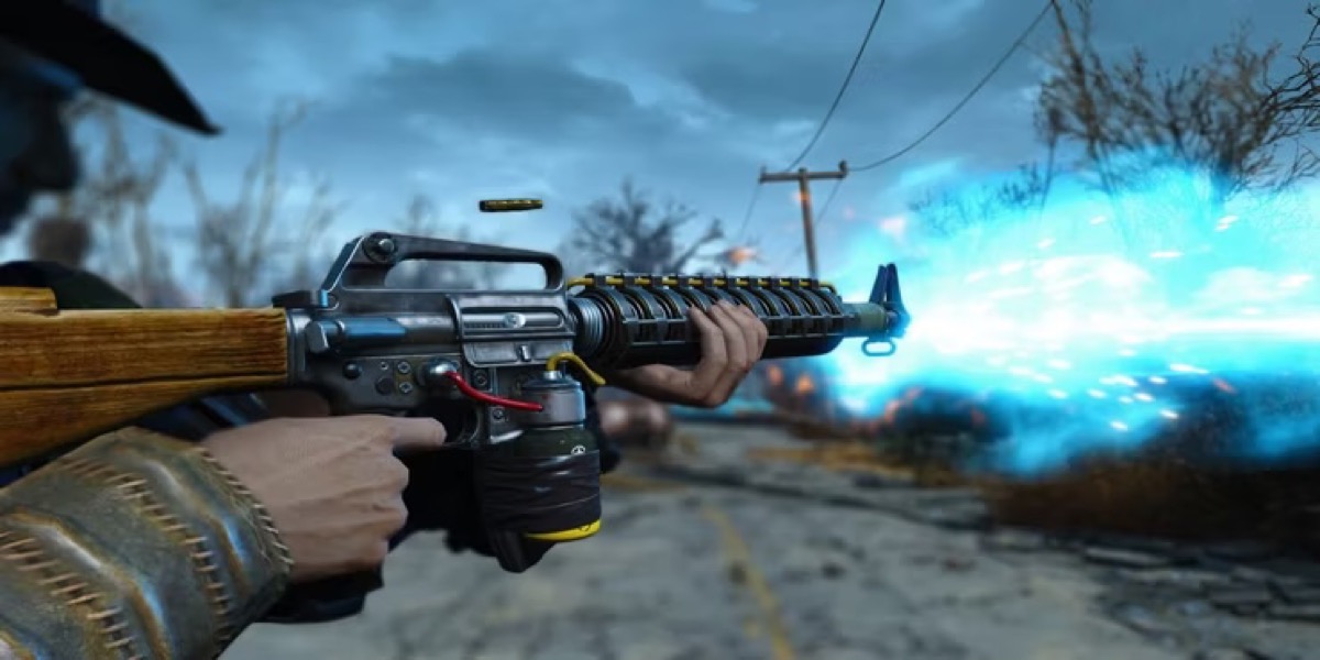 A person shooting an automatic rifle in "Fallout 4"