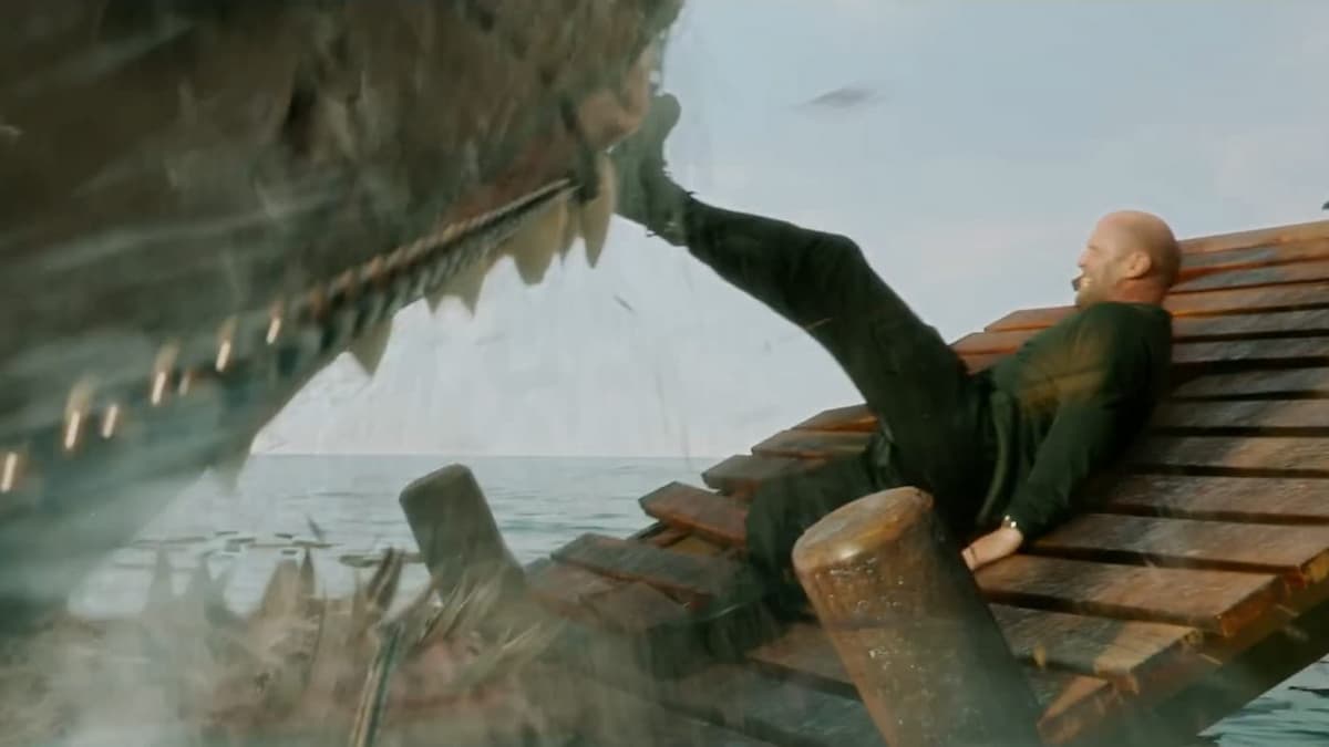 Jason Statham kicks a very very big shark in The Meg 2