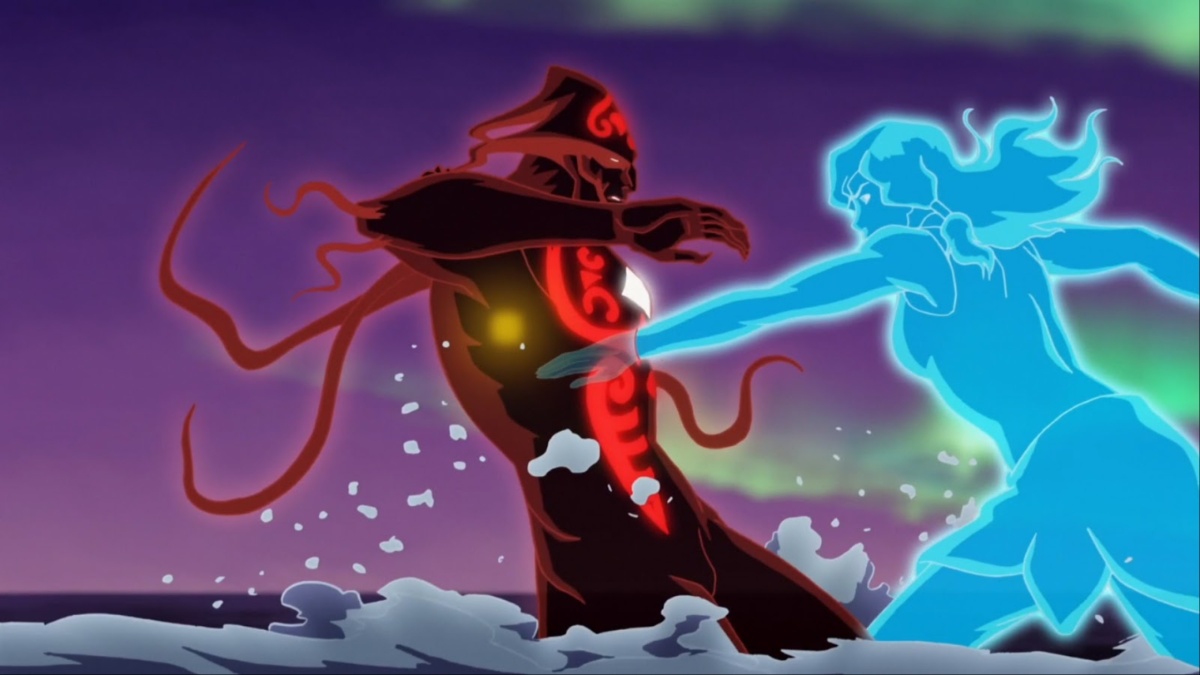 Blue Korra punches through red and black Vaatu in 'Legend of Korra'.