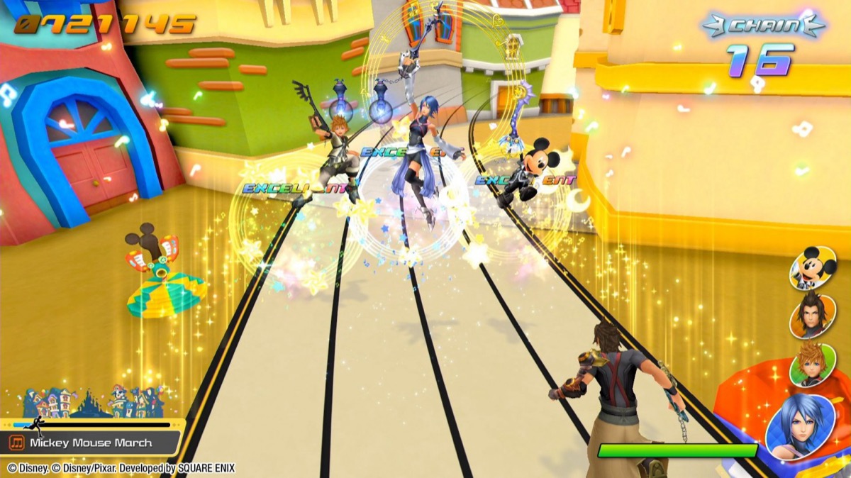 "Kingdom Hearts" characters dance on a music score road in "Melody of Memory" 