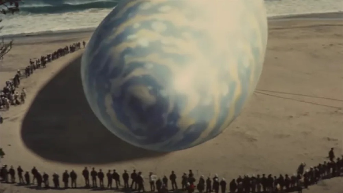 A giant egg bearing Mothra washes up on shore in" Mothra vs. Godzilla"