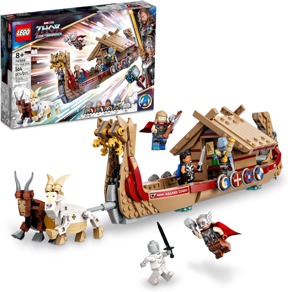 Thor's LEGO Goat Boat being pulled by goats