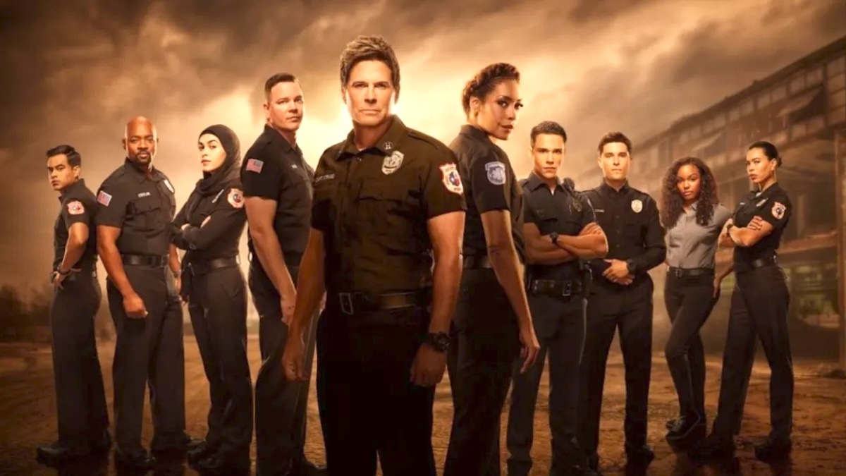 9-1-1 Lone Star Group Shot. The cast line up with Rob Lowe front and center