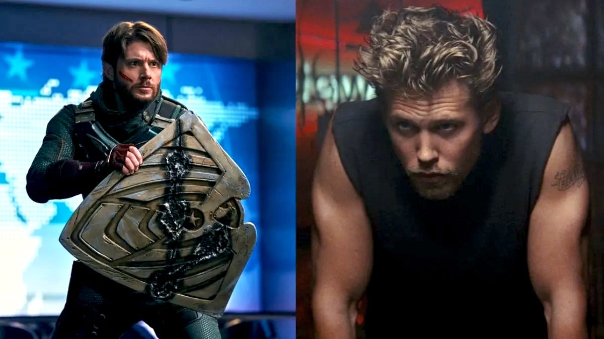 On the left: Jensen Ackles as Soldier Boy holding his shield in The Boys. On the Right: Austin Butler as Benny stands with his arms on propped on a pool table in The Bikeriders