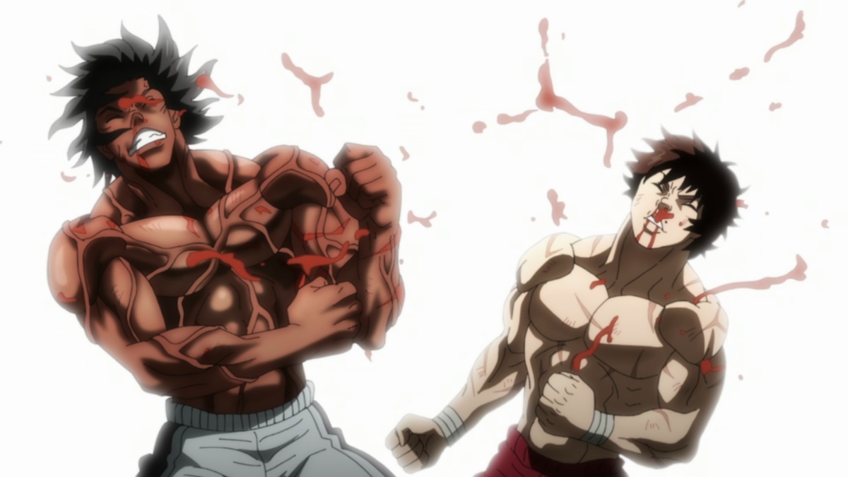 Baki Hanma vs. Kengan Ashura, Netflix Baki and Tokita land devastating blows on one another, blood flies everywhere.