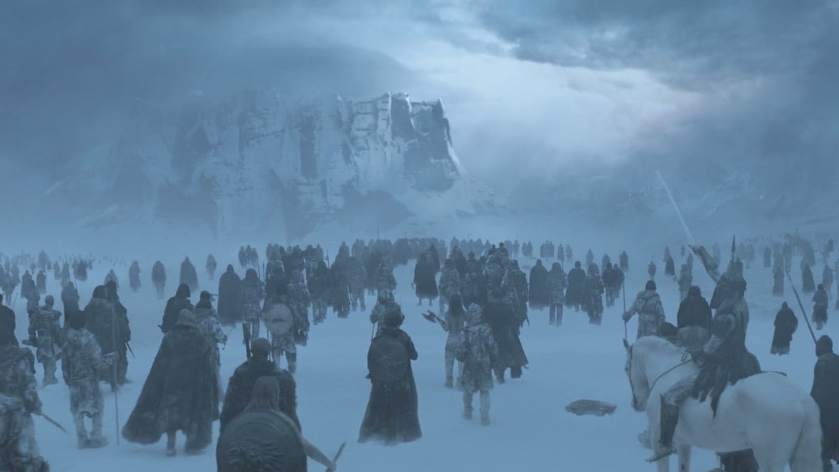 An army amasses in a frozen wasteland in "Game of Thrones"