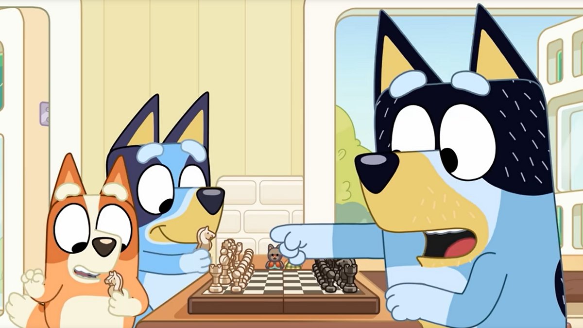 Bandit teaching Bluey and Bingo how to play chess