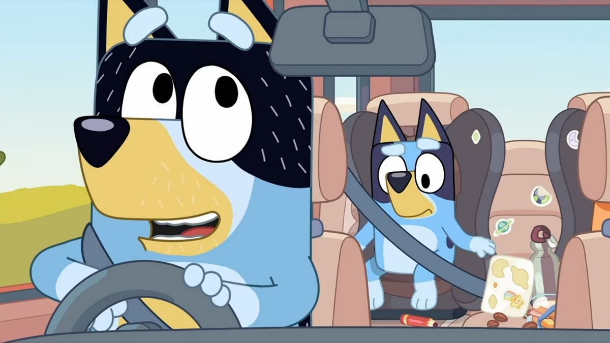 Bandit driving Bluey in the car