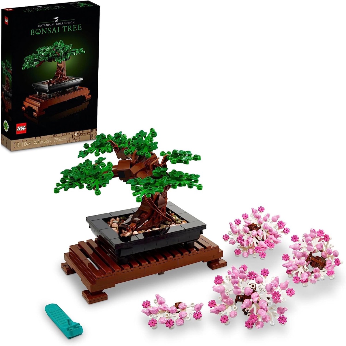 A Lego Bonsai tree with blooming flowers