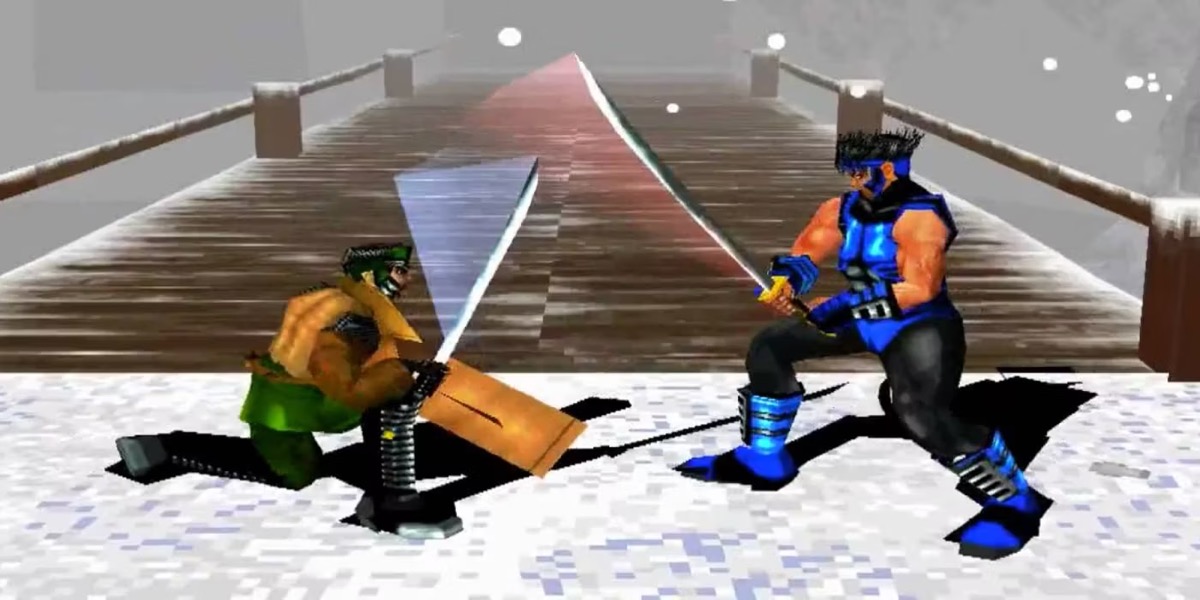 Two swordsmen face off in the snow in "Bushido Blade" 