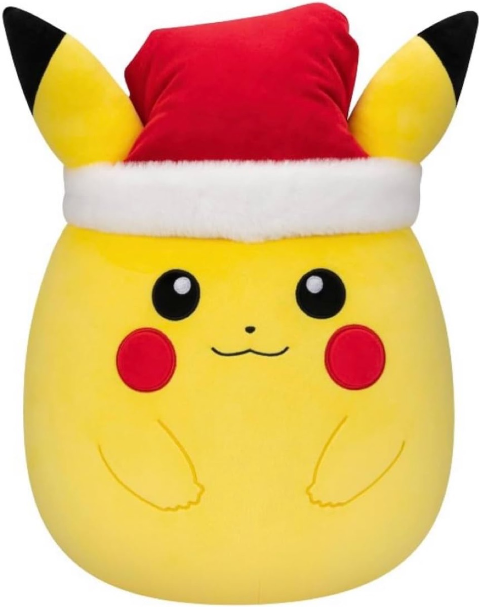 A squishmallow of Pikachu from "Pokemon" with a Santa hat on 