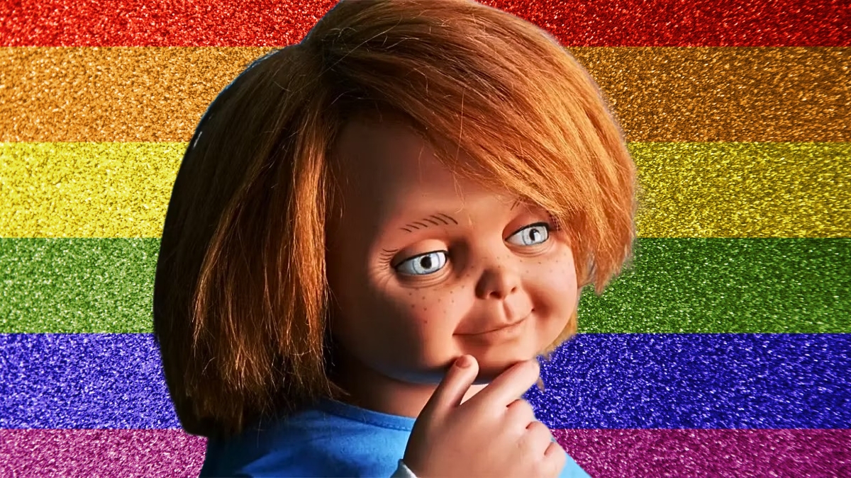 Chucky the killer doll edited onto a glittery Pride flag background