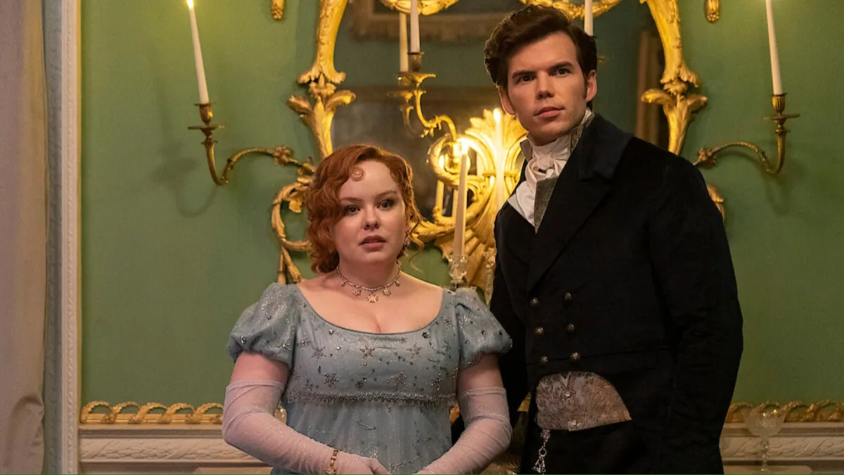 Nicola Coughlan as Penelope Featherington and Luke Newton as Colin Bridgerton in Bridgerton season 3