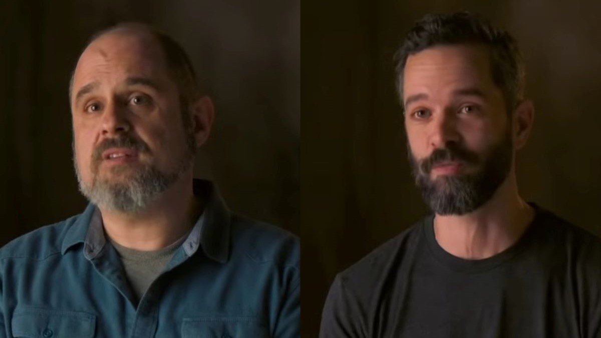 Composite image of Craig Mazin (left) and Neil Druckmann (right), showrunners of HBO's 'The Last of Us." Mazin is a bald, white man with a salt and pepper beard wearing a blue buttondown shirt over a grey t-shirt. Druckmann is a white man with short, dark, wavy hair and a dark beard wearing a black t-shirt. Both are mid-speech during an interview.