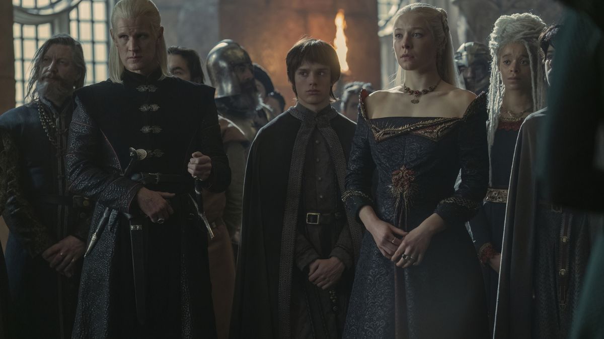 Matt Smith as Daemon, Harry Collett as Jaecaerys, Emma D'Arcy as Rhaenyra, and Phoebe Campbell as Rhaena in Hous of the Dragon