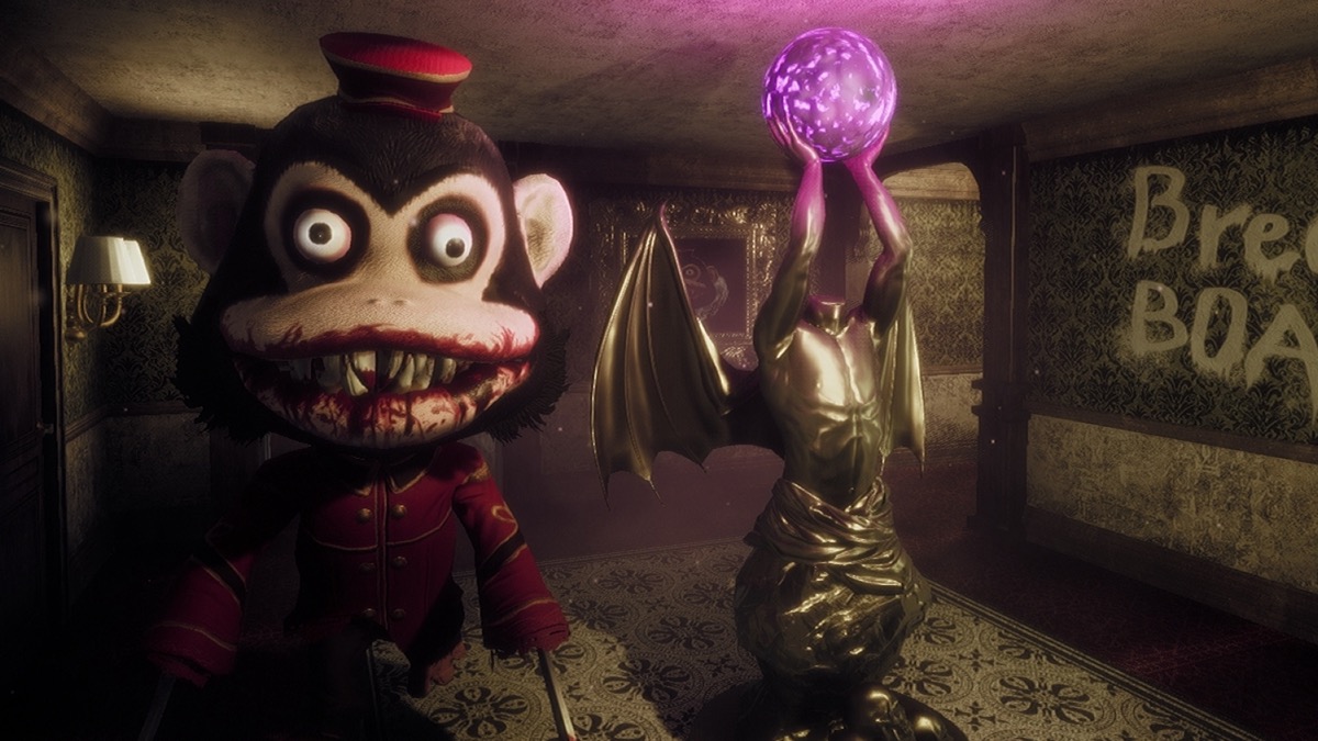 A lifesized cymbal clapping monkey with a bloody mouth appears in a creepy room with a statue in "Dark Deception"