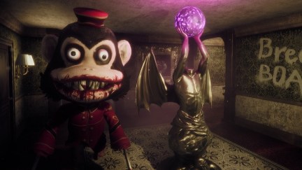 A lifesized cymbal clapping monkey with a bloody mouth appears in a creepy room with a statue in 