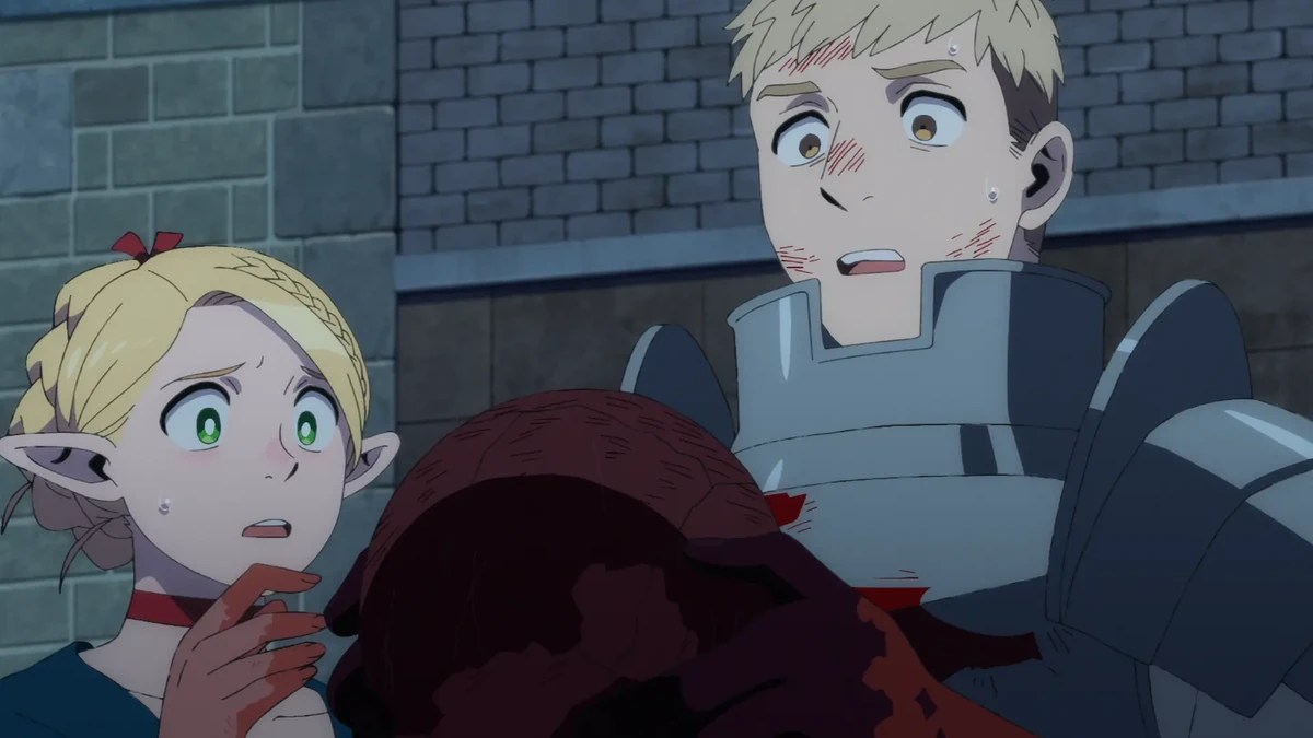 Delicious-in-Dungeon-Ep-12, Marcille and Falin look at Falins bones