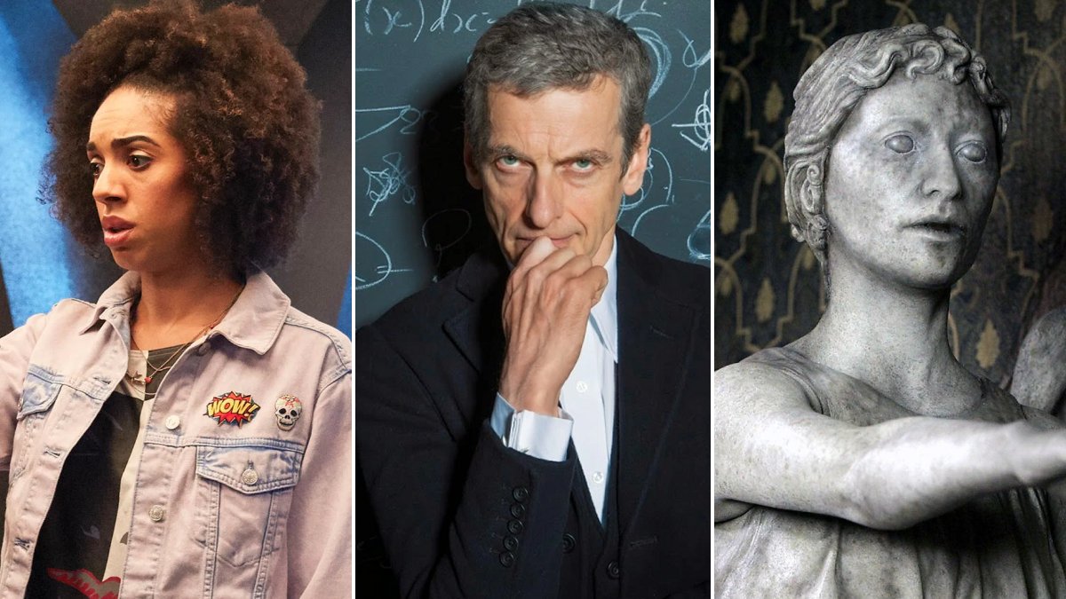 Pearl Mackie as Bill Potts, Peter Capaldi as the Twelfth Doctor, and a Weeping Angel