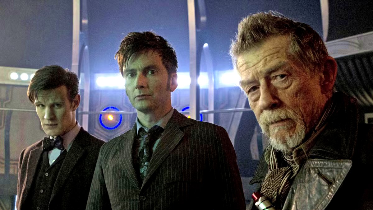 Matt Smith as the Eleventh Doctor, David Tennant as the Tenth Doctor, and John Hurt as the War Doctor in Doctor Who "Day of the Doctor"