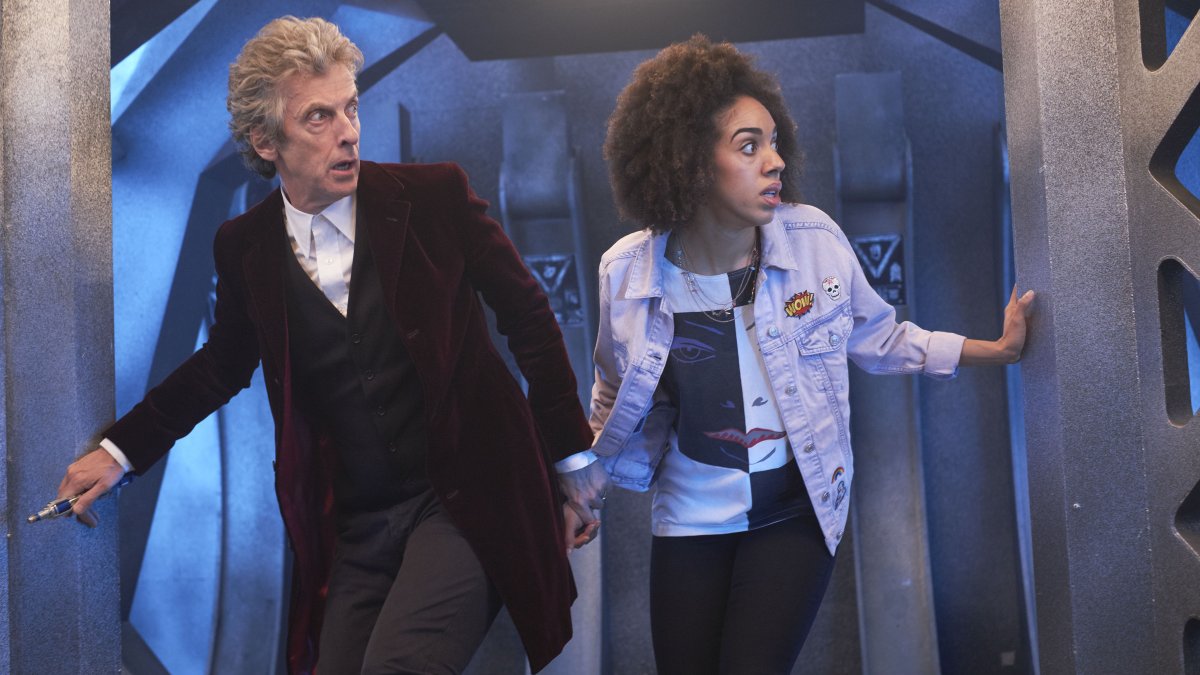 Peter Capaldi as the Twelfth Doctor and Pearl Mackie as Bill Potts in Doctor Who "The Pilot"