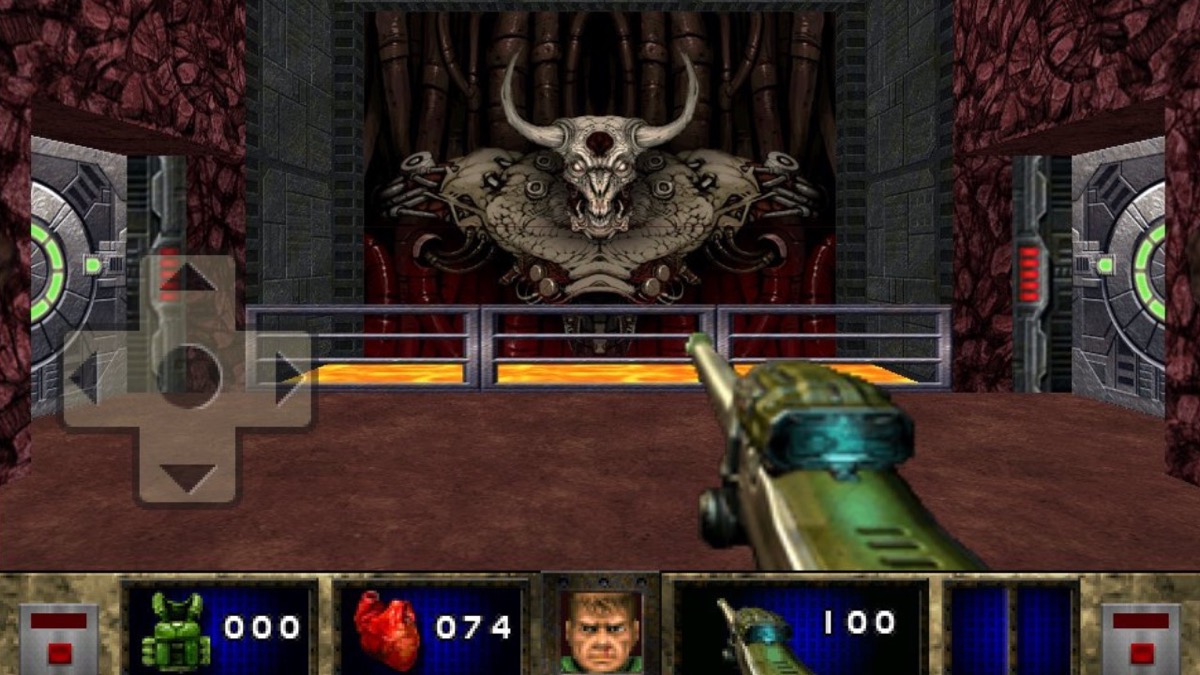 POV of aiming a gun at a skeleton demon monster in "DoomII RPG" 