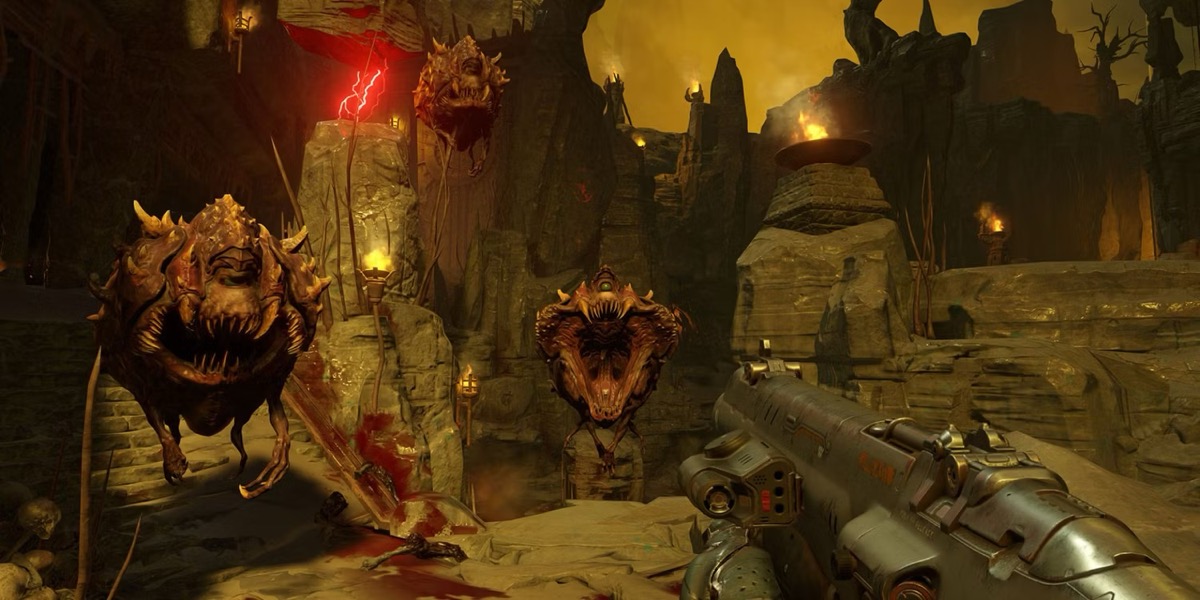 POV of the Doom Slayer aiming a shotgun at floating demons in "Doom (2016)"