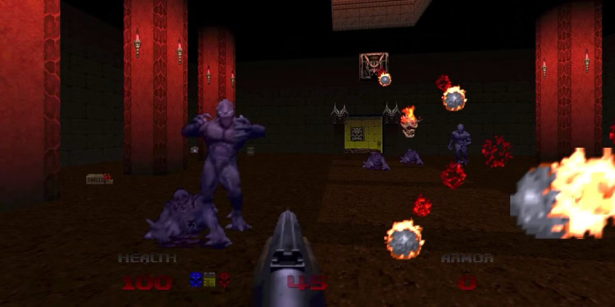 The player aims a shotgun at uindead monsters in "Doom 64"