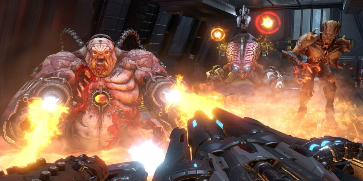 POV the Doom Slayer firing a gun at demons in "Doom Eternal" 