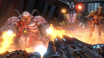 POV the Doom Slayer firing a gun at demons in 