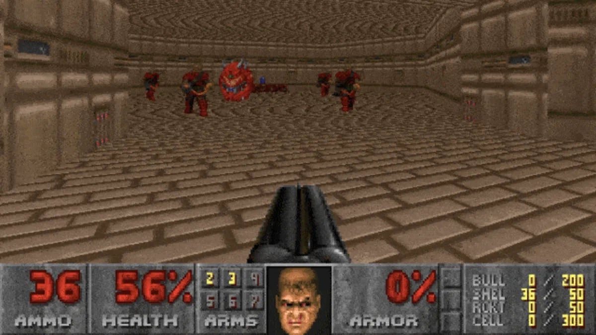 POV of aiming a shotgun at approaching monsters in the original "Doom"