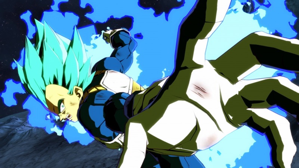 A blue haired Vegeta powers up an attack in "Dragon Ball Fighter Z" 