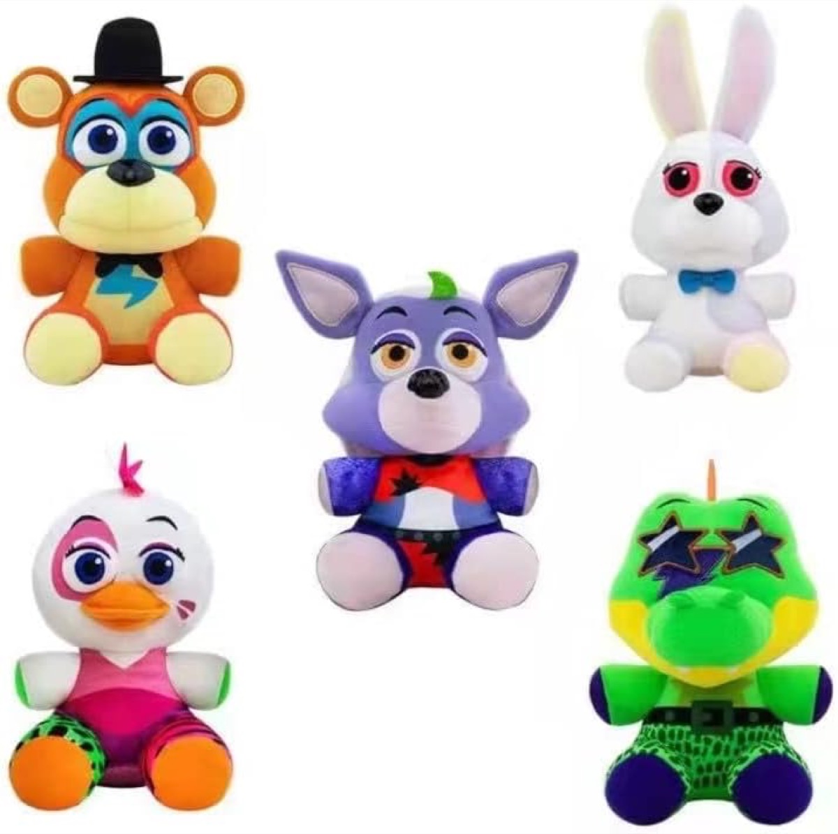 Five character plushies from "Five Nights at Freddy's"