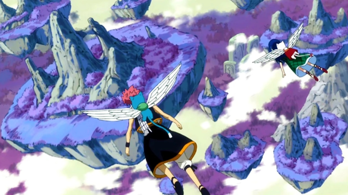 Fairy Tail, Edolas Arc, Natsy and Wendy fly over Edolas with Happy and Carlos