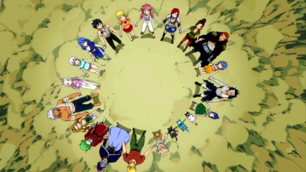 Fairy Tail, Tenrou Island Arc, Fairy Tail members stand hand in hand