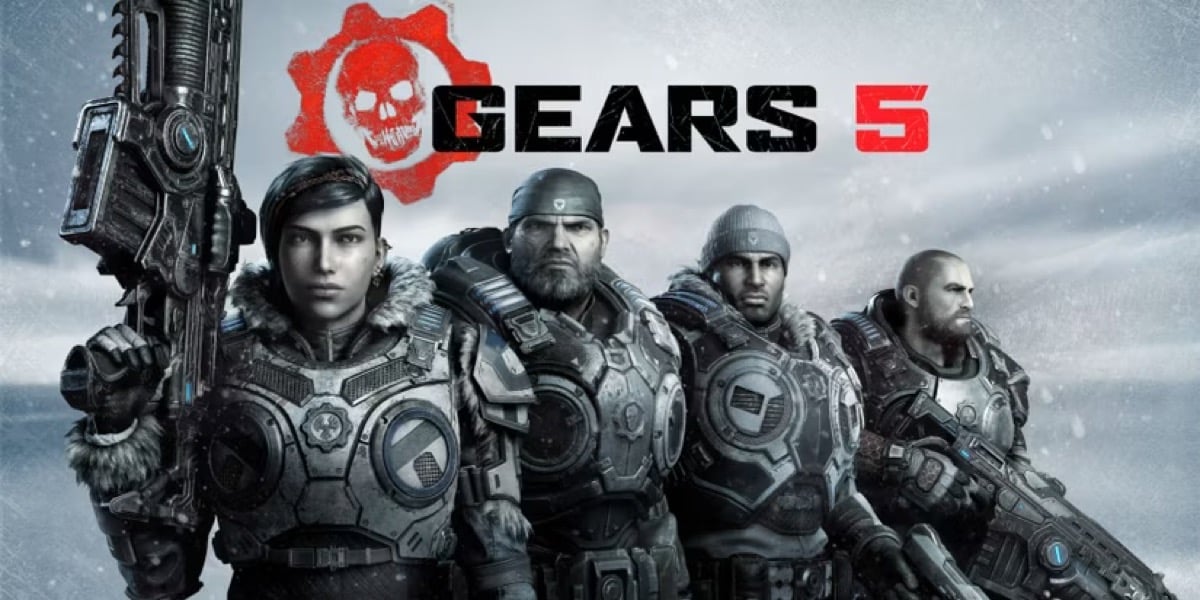 The cast of "Gears of War 5" stand strong against a grey sky
