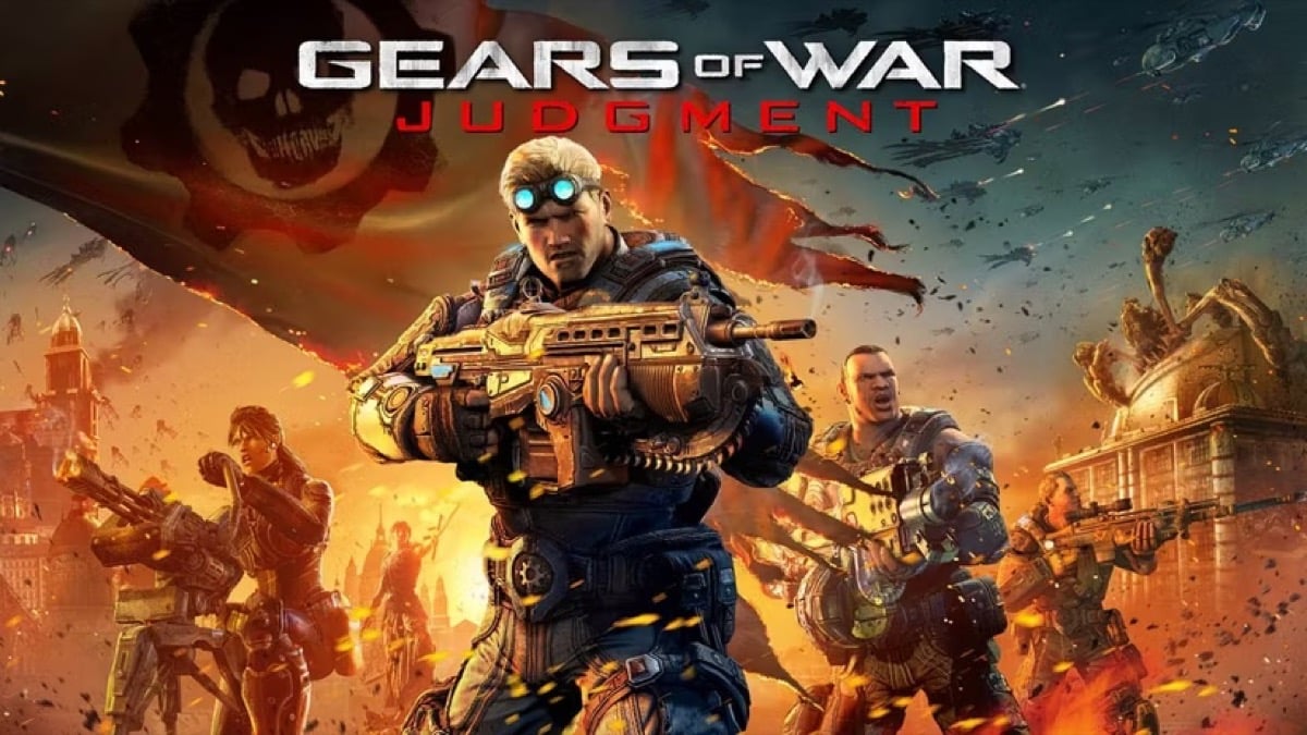 The cast of "Gears of War Judgement" hold guns on a battlefield