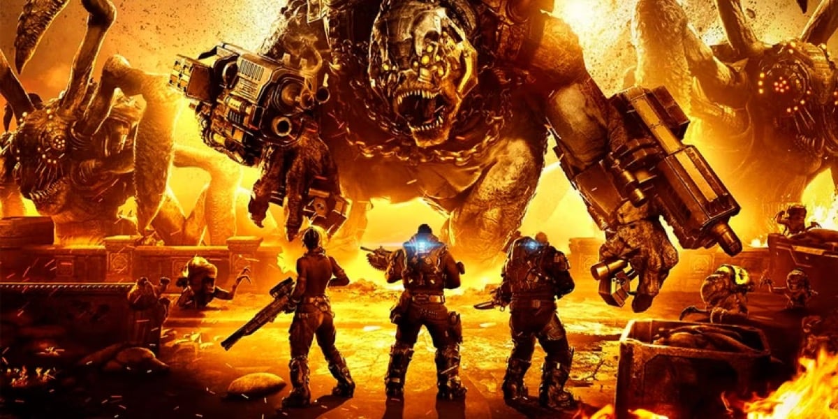 Three soldiers stand against a giant monster in "Gears of War: Tactics" 
