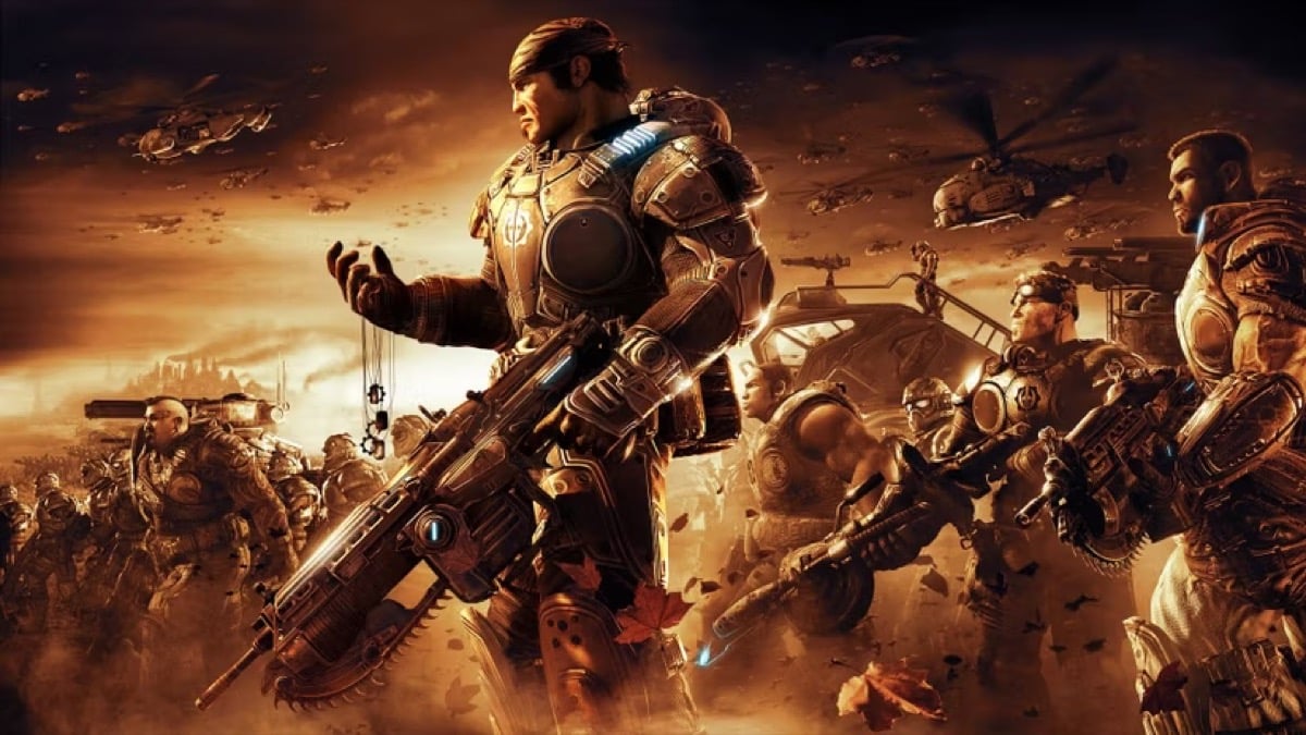 An army of heavily armed soldiers are on the march in "Gears of War 2"