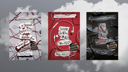 The covers for A Good Girl's Guide to Murder, Good Girl, Bad Blood, and As Good As Dead by Holly Jackson, arranged in front of a smoky grey background