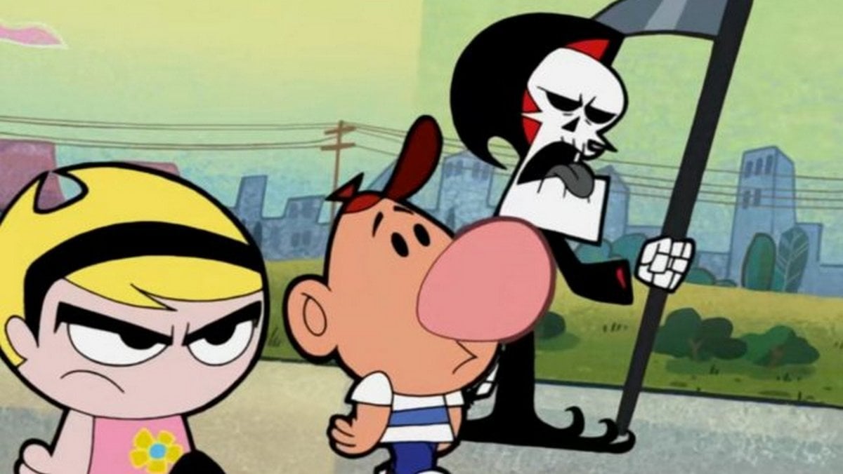 Grim and Mandy look nonplussed while Billy is blissfully ignorant in "The Grim Adventures of Billy and Mandy" 