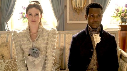 Hannah Dodd as Francesca Bridgerton and Victor Allie as Lord John Stirling in Bridgerton season 3