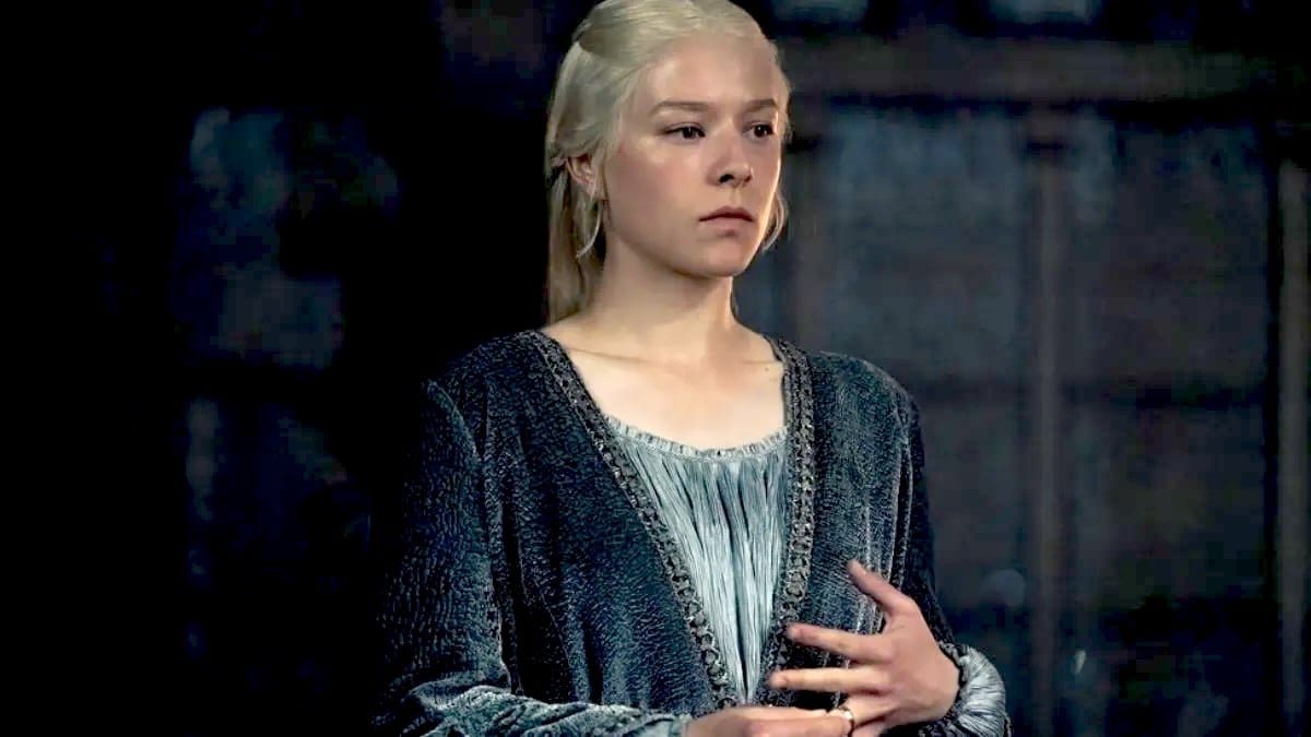 Emma D'Arcy as Rhaenyra Targaryen in the second episode of the second season of House of the Dragon, wearing a distinct blue gown