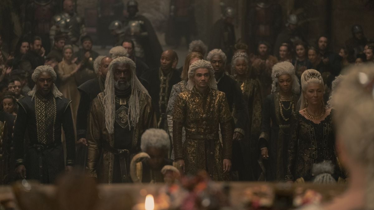 House Velaryon arrives before the King's table at the feast of Princess Rhaenyra's engagement to Laenor Velaryon in House of the Dragon season 1