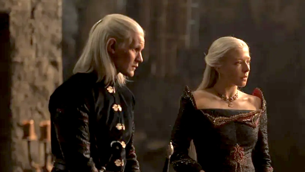 Rhaenyra and Daemon Targaryen, played by Emma D'Arcy and Matt Smith respectively, learn that King Viserys I died in the finale of the first season of House of the Dragon.