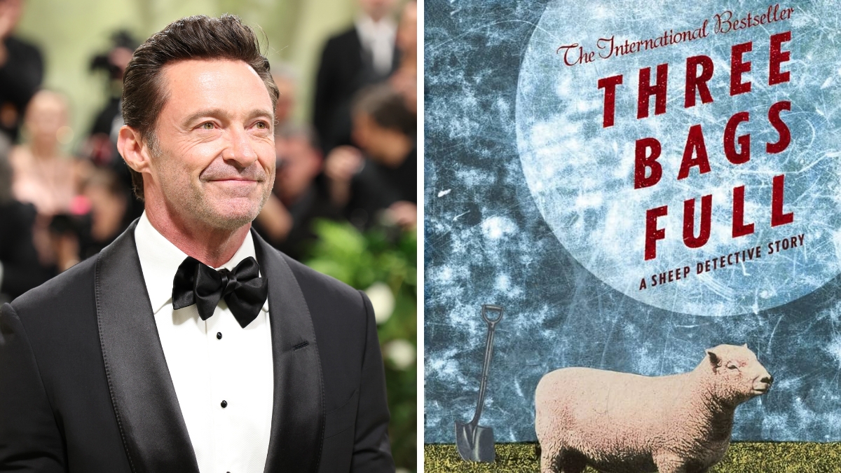 Hugh Jackman at the 2024 Met Gala opposite the cover of Leonie Swann's 'Three Bags Full: A Sheep Detective Story'