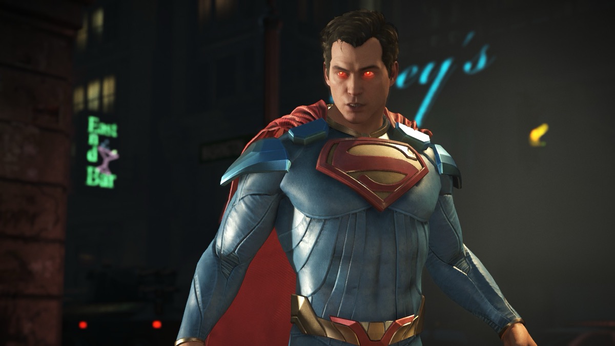 Superman floats with eyes glowing red in "Injustice 2" 