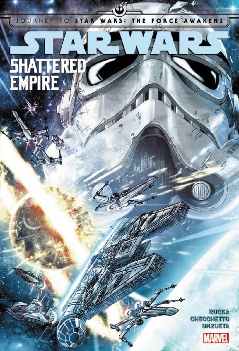 Cover art for "Journey to Star Wars The Force Awakens Shattered Empire" featuring a clone helmet and an exploding planet
