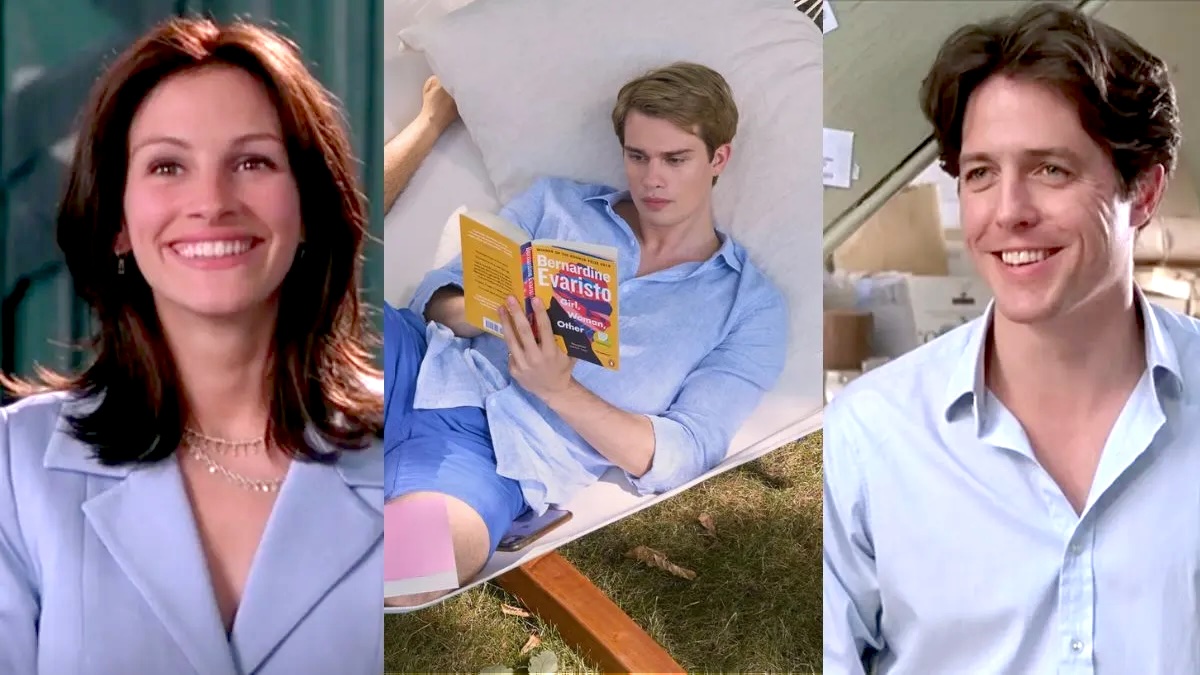 Split screen of Julia Roberts as Anna Scott and Hugh Grant as Willian Thacker from Notting Hill and Nicholas Galitzine from RWRB reading a book in the middle.