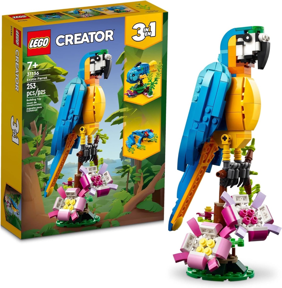 An assembled LEGO parrot figure